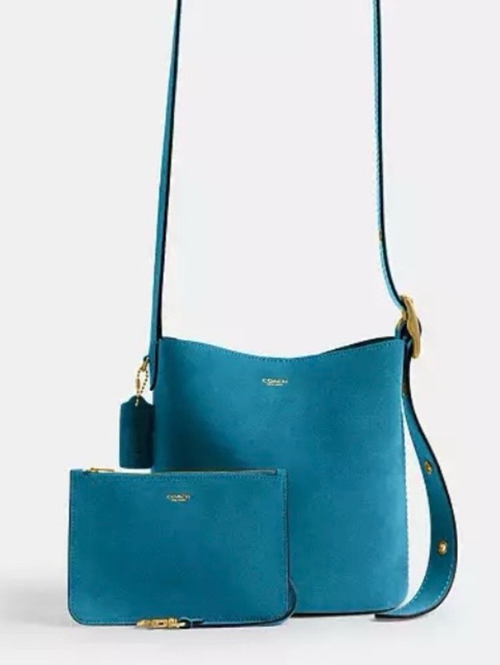 COACH Bleecker Bucket Bag 21 with Matching Pouch in Sea Blue (Teal) Suede NWT - Picture 1 of 12